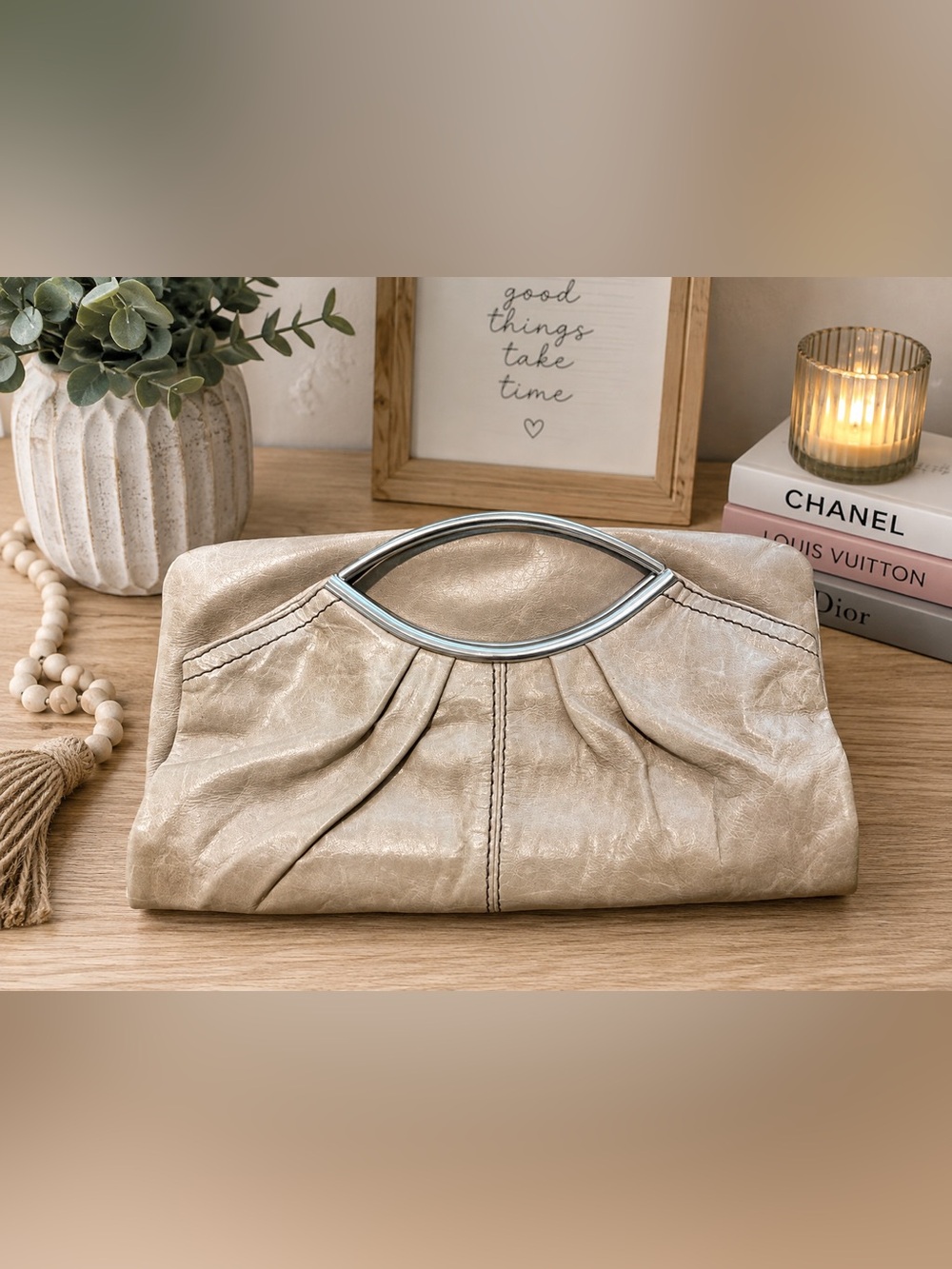 HOBO Metallic Cream Clutch with Silver Handle
